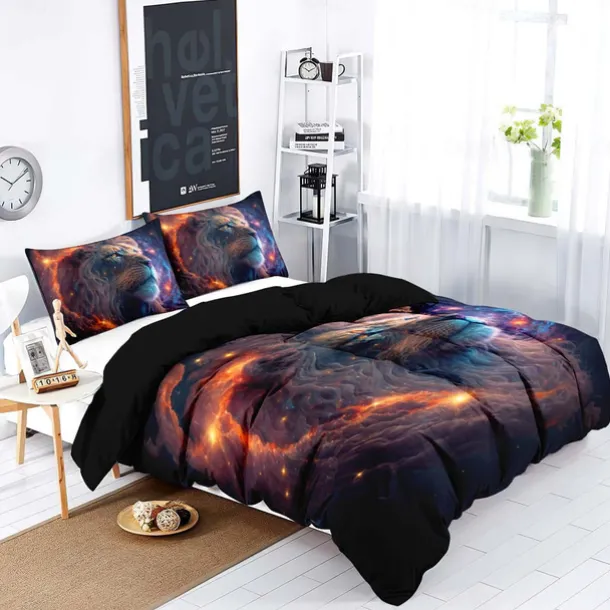 Colorful Neon Lion Head 3-Piece Down Duvet Cover Set for Hotel Bedroom Guest Rooms Bdding Comfort Set