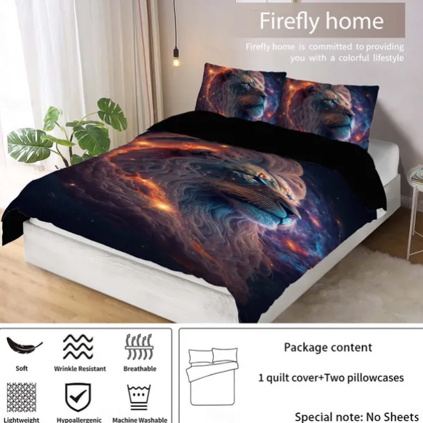 Colorful Neon Lion Head 3-Piece Down Duvet Cover Set for Hotel Bedroom Guest Rooms Bdding Comfort Set