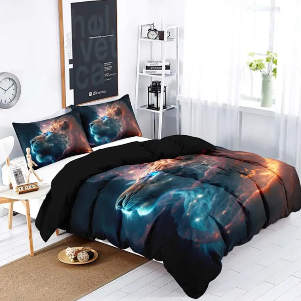 Colorful Neon Lion Head 3-Piece Down Duvet Cover Set for Hotel Bedroom Guest Rooms Bdding Comfort Set