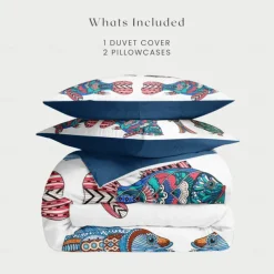 Comfy Fish Cartoon Printed Duvet Cover Set, Soft Microfiber Bedding, Fun Fish Design, Includes Duvet Cover and Pillowcases, Zipper Closure, Fade-Resistant, Machine Washable, Queen, King, Twin Sizes