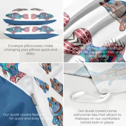 Comfy Fish Cartoon Printed Duvet Cover Set, Soft Microfiber Bedding, Fun Fish Design, Includes Duvet Cover and Pillowcases, Zipper Closure, Fade-Resistant, Machine Washable, Queen, King, Twin Sizes