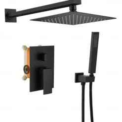 Concealed Shower Faucet Combo Set Black, 8"/10"/12"Ultra Thin Top Head Shower System Mixer Rough In Valve Rainfall High Pressure Head with Handheld, Wall Monted Tub and Shower Trim Kit Bathroom Bath