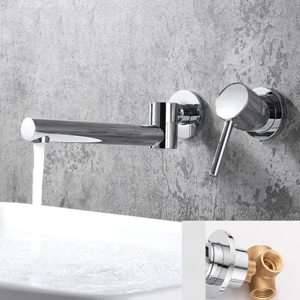 Concealed Wall Mount Bathroom Faucet Sink Mixer Basin Taps, Rotatable Washroom Vessel Single Handle Tap with Cold and Hot Hose
