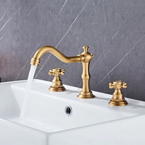 Contain Cold and Hot Switch Brass Bathroom Faucet Brushed Finish Antique Copper Two Handles Widespread Bathroom Sink Faucet