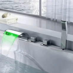 Contemporary Style Bathtub Faucet,LED Chrome Roman Tub Brass Valve Three Handles Five Holes Waterfall Bath Shower Mixer Taps with Hot and Cold Switch