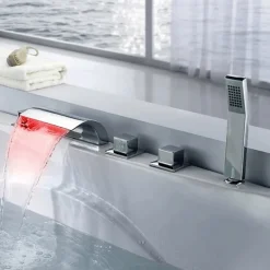 Contemporary Style Bathtub Faucet,LED Chrome Roman Tub Brass Valve Three Handles Five Holes Waterfall Bath Shower Mixer Taps with Hot and Cold Switch