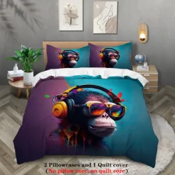 Cool Earphones Monkey Printed 3-Piece Down Duvet Set Hotel Bedroom Room Luxury Bedding Comfortable Set 1 Down Duvet Set 2 Pillowcase Queen Bed Set 2 Piece Set 3 Piece Set Intimate Grinding Soft Short