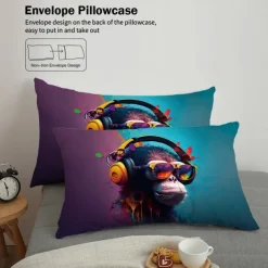 Cool Earphones Monkey Printed 3-Piece Down Duvet Set Hotel Bedroom Room Luxury Bedding Comfortable Set 1 Down Duvet Set 2 Pillowcase Queen Bed Set 2 Piece Set 3 Piece Set Intimate Grinding Soft Short