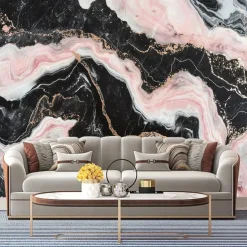Cool Wallpapers Abstract Pink Black 3D Wallpaper Wall Mural Marble Roll Sticker Peel and Stick Removable PVC/Vinyl Material Self Adhesive/Adhesive Required Wall Decor for Living Room Kitchen Bathroom