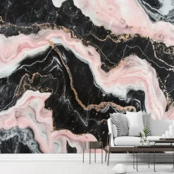 Cool Wallpapers Abstract Pink Black 3D Wallpaper Wall Mural Marble Roll Sticker Peel and Stick Removable PVC/Vinyl Material Self Adhesive/Adhesive Required Wall Decor for Living Room Kitchen Bathroom