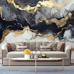 Cool Wallpapers Abstract Marble Wallpaper Wall Mural Black Glod Wall Covering Sticker Peel Stick Removable PVC/Vinyl Self Adhesive/Adhesive Required Wall Decor for Living Room Kitchen Bathroom