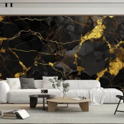 Cool Wallpapers Abstract Marble Wallpaper Wall Mural Black Glod Marble Sticker Peel and Stick Removable PVC/Vinyl Material Self Adhesive/Adhesive Required Wall Decor for Living Room Kitchen Bathroom