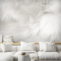Cool Wallpapers 3D White Feather Wallpaper Wall Mural for Living Room Bedroom TV Background Canvas PVC/Vinyl Material Adhesive Required Wall Decor Home Decoratio Wall Cloth