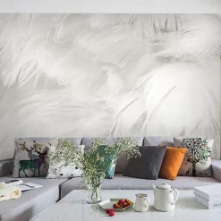 Cool Wallpapers 3D White Feather Wallpaper Wall Mural for Living Room Bedroom TV Background Canvas PVC/Vinyl Material Adhesive Required Wall Decor Home Decoratio Wall Cloth
