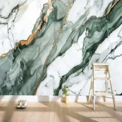 Cool Wallpapers Green Gold 3D Wallpaper Wall Mural Marble Abstract Roll Sticker Peel and Stick Removable PVC/Vinyl Material Self Adhesive/Adhesive Required Wall Decor for Living Room Kitchen Bathroom
