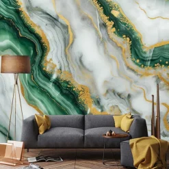 Cool Wallpapers Green Gold 3D Wallpaper Wall Mural Marble Abstract Roll Sticker Peel and Stick Removable PVC/Vinyl Material Self Adhesive/Adhesive Required Wall Decor for Living Room Kitchen Bathroom