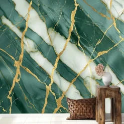 Cool Wallpapers Green Gold 3D Wallpaper Wall Mural Marble Abstract Roll Sticker Peel and Stick Removable PVC/Vinyl Material Self Adhesive/Adhesive Required Wall Decor for Living Room Kitchen Bathroom