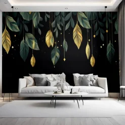 Cool Wallpapers Green Gold Plant Wallpaper Wall Mural Roll Sticker Peel and Stick Removable PVC/Vinyl Material Self Adhesive/Adhesive Required Wall Decor for Living Room Kitchen Bathroom