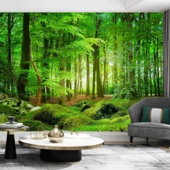 Cool Wallpapers Nature Forest Wallpaper Wall Mural Landscape Green Sticker Peel Stick Removable PVC/Vinyl Material Self Adhesive/Adhesive Required Wall Decor for Living Room Kitchen Bathroom