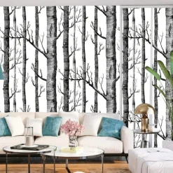 Cool Wallpapers 1pc Birch Tree Wallpaper Black and White Peel and Stick Wall Mural Wall Sticker Self-Adhesive PVC For Home Decor Cabinet Table Chair Room Backdrop Renovation 45cmx600cm/17.7"x236.2"