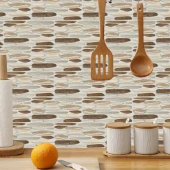 Cool Wallpapers 6pcs Cobblestone Wooden Pattern Wall Panels Wall Mural, Stone Peel Stick Wall Tile Sticker, Kitchen Self-adhesive Wall Decor Waterproof, Room Decor, Home Decor 15x30cm(5.9"x11.8")