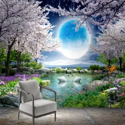 Cool Wallpapers Wall Mural Landscape 3D Mural Wallpaper Night View Cherry Blossom Wall sticker Self-adhesive PVC/Vinyl for Living Room Bedroom Restaurant Hotel Wall Cloth Room Home Decor