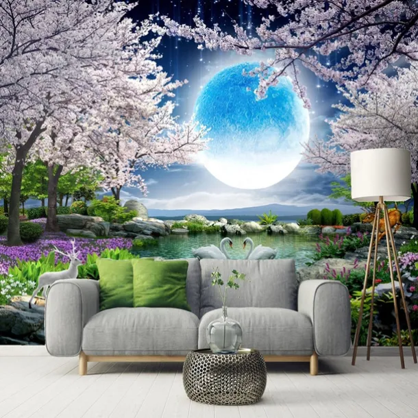 Cool Wallpapers Wall Mural Landscape 3D Mural Wallpaper Night View Cherry Blossom Wall sticker Self-adhesive PVC/Vinyl for Living Room Bedroom Restaurant Hotel Wall Cloth Room Home Decor