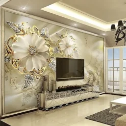 Cool Wallpapers Wall Mural 3D Golden Flower Wallpaper for Walls European Luxury Style Diamond Adhesive Required Canvas for Living Room Hotel Background Home Décor
