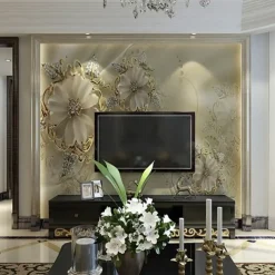 Cool Wallpapers Wall Mural 3D Golden Flower Wallpaper for Walls European Luxury Style Diamond Adhesive Required Canvas for Living Room Hotel Background Home Décor