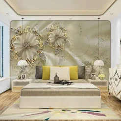 Cool Wallpapers Wall Mural 3D Golden Flower Wallpaper for Walls European Luxury Style Diamond Adhesive Required Canvas for Living Room Hotel Background Home Décor
