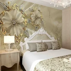 Cool Wallpapers Wall Mural 3D Golden Flower Wallpaper for Walls European Luxury Style Diamond Adhesive Required Canvas for Living Room Hotel Background Home Décor