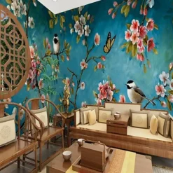 Cool Wallpapers Wall Mural Flower Blue Wallpaper Wall Sticker Covering Print Adhesive Required Bird Floral Canvas Home Décor