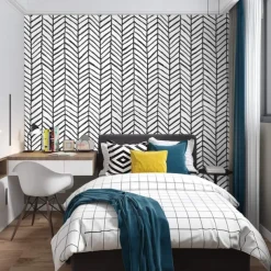 Cool Wallpapers Wall Mural Geometric Wallpaper Minimalist Herringbone Black White Peel and Stick Wallpaper Removable Pvc/Vinyl Self Adhesive 17.7
