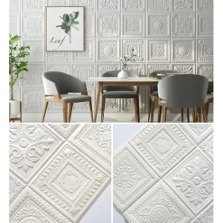 Cool Wallpapers White Foam Wall Mural Wall Panel Peel and Stick Wall Sticker Floral Removable Wall Covering, PVC/Vinyl Material Self adhesive Wallpaper, Room Wallcovering for Home Decoration