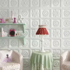 Cool Wallpapers White Foam Wall Mural Wall Panel Peel and Stick Wall Sticker Floral Removable Wall Covering, PVC/Vinyl Material Self adhesive Wallpaper, Room Wallcovering for Home Decoration