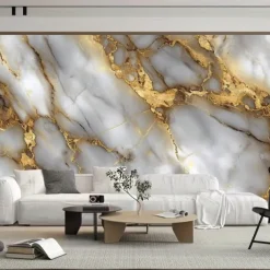 Cool Wallpapers White Gold Marble Wallpaper Wall Mural Wall Covering Sticker Peel and Stick Removable PVC/Vinyl Material Self Adhesive/Adhesive Required Wall Decor for Living Room Kitchen Bathroom