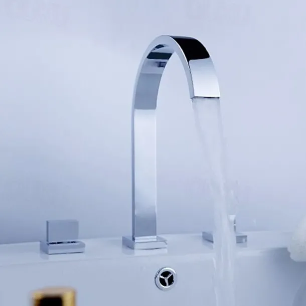 Copper Bathroom Sink Faucet,Widespread Chrome Two Handles Three Holes Bath Taps with Hot and Cold Switch and Valve