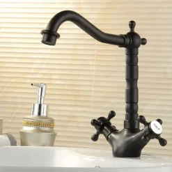 Copper Bathroom Sink Faucet,Black Deck Mounted Rotatable Faucet Set,Oil-rubbed Two Handles One Hole Bath Taps with Hot and Cold Switch