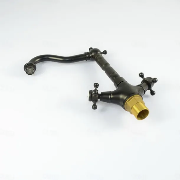 Copper Bathroom Sink Faucet,Black Deck Mounted Rotatable Faucet Set,Oil-rubbed Two Handles One Hole Bath Taps with Hot and Cold Switch