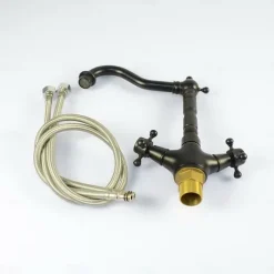 Copper Bathroom Sink Faucet,Black Deck Mounted Rotatable Faucet Set,Oil-rubbed Two Handles One Hole Bath Taps with Hot and Cold Switch