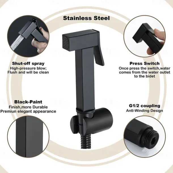 Copper Single Hole Bidet Black Toilet Handheld Bidet Sprayer Self-Cleaning Contemporary Cleaning Spray Gun Set