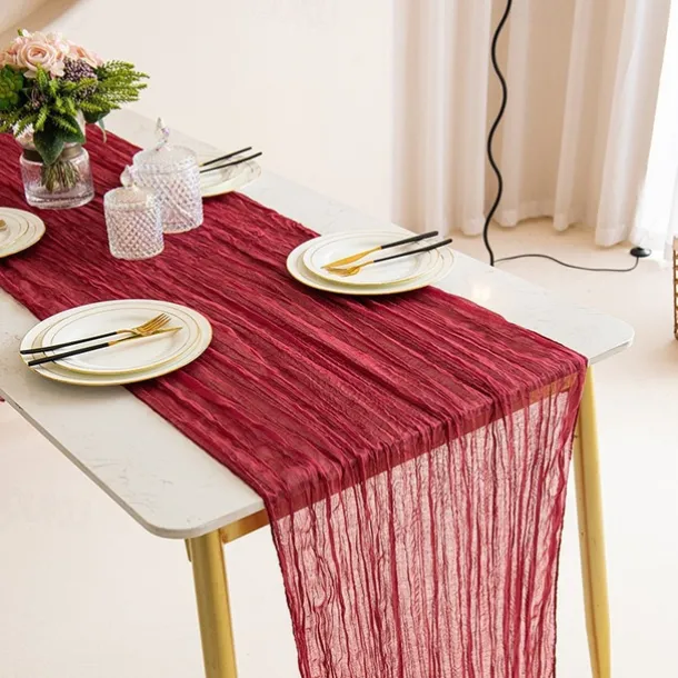 Cotton Voile Yarn Crinkled Table Runner Bohemian Style Twist Tablecloth Wedding Party Decoration Pleated Table Runner