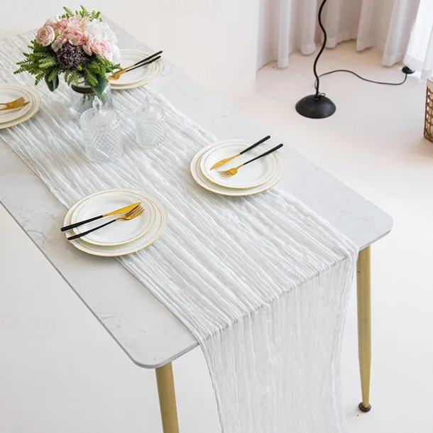 Cotton Voile Yarn Crinkled Table Runner Bohemian Style Twist Tablecloth Wedding Party Decoration Pleated Table Runner