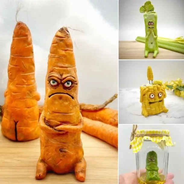 Cranky Carrot Figurine, Screaming Pickle, Handmade Cute Emotional Support Celery Broccoli Buddy, Miniature Scare Corn Sculpture for Desk Home Office Decoration