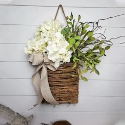 Cream Hydrangea Door Hanger Basket Wreath Spring Wreath Floral Artificial Hydrangea and Vine Basket Door Hanging Decoration with Rustic Twigs for Front Door, Porch, Living Room, Cafe