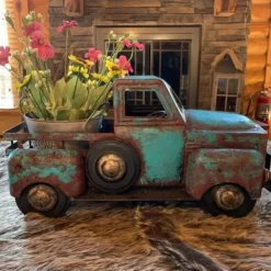Creative Retro Green Small Truck Flower Pot Flower Plants Succulent Planter, Potted Plants Flower Pot Ornament Resin Statue Planter Cactus Desk Plant Pots for Home Garden Outdoor Decor