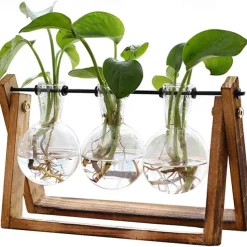 Creative Wooden Frame Glass Vase Tabletop Terrarium Hydroponics Plant Vases Bonsai 3 Transparent Flower Pot with Wooden Tray Home Decor