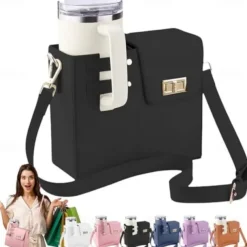Crossbody Cup Holder Bag with Purse, Portable Water Bottle Carrier for 40oz Tumbler, Outdoor Travel Cup Bag with Strap and Pouch