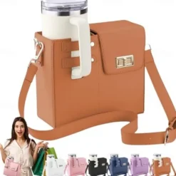 Crossbody Cup Holder Bag with Purse, Portable Water Bottle Carrier for 40oz Tumbler, Outdoor Travel Cup Bag with Strap and Pouch