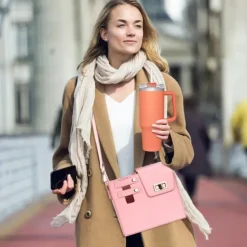 Crossbody Cup Holder Bag with Purse, Portable Water Bottle Carrier for 40oz Tumbler, Outdoor Travel Cup Bag with Strap and Pouch